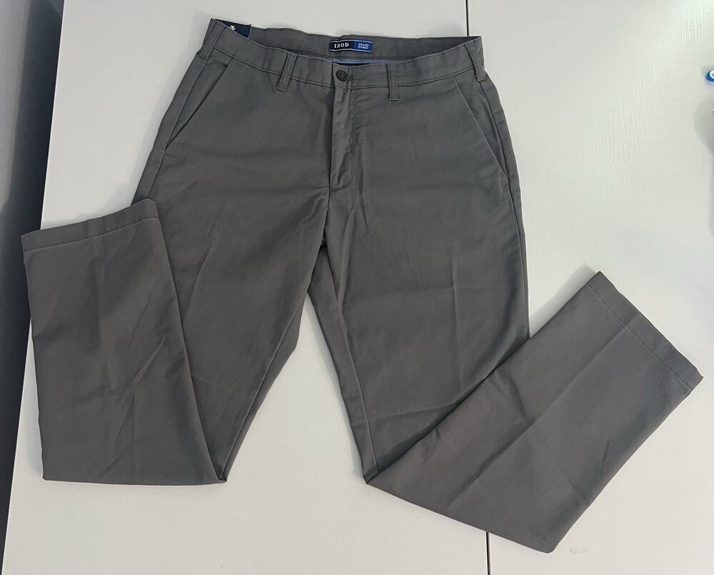 IZOD Flat Front Dress Pants Mens 34x32 Grey Straight Comfortable Tough Cotton